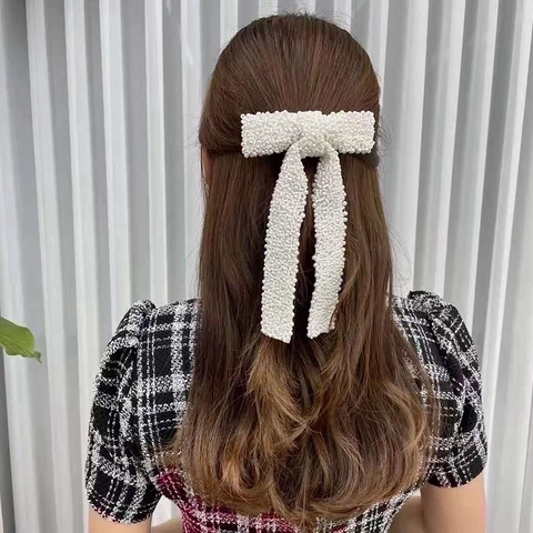Handmade Beaded Bow Hair Clip With Imitation Artificial Pearl Long Tassels Elegant Spring Barrette For Women Fashion Hair Accessories