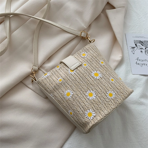 Stroh Eimer Tasche Gänseblümchen Print PU Leder Besatz Crossbody Umhängetasche Sommer Strand Lässiger Stil Für Frauen