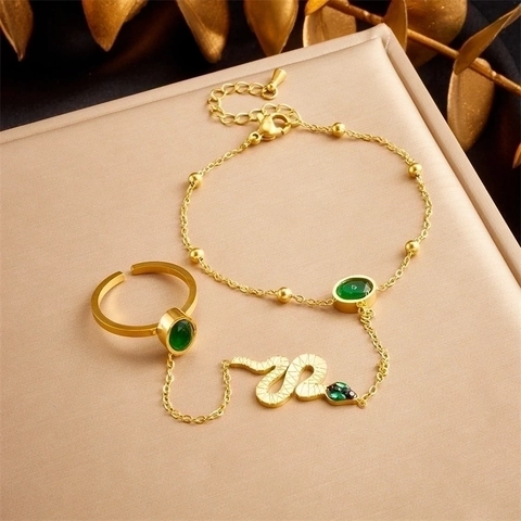 Snake Hand Chain Finger Ring Bracelet Gold Plated Stainless Steel Green Crystal Adjustable Jewelry For Women