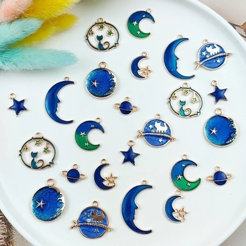 Dijes De Aleación Esmaltada Con Tema Cielo Estrellado Luna Gato Para Joyería Collares Pendientes Accesorios De Artesanía