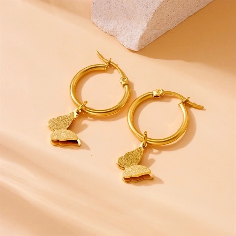 Pendientes de Aro de Acero Inoxidable Chapado en Oro con Colgante de Mariposa Joyería Minimalista Regalo para Mujer