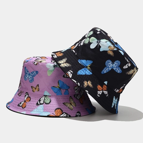 Cappello Alla Pescatora Con Stampa Farfalle Cotone Reversibile Protezione Solare Outdoor Estate Moda Donna