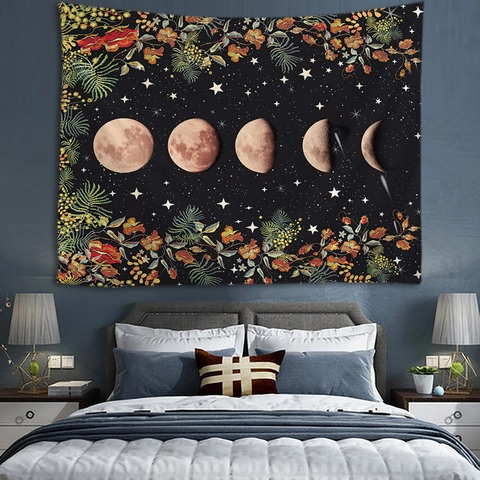 Arazzo Da Parete Poliestere Arte Decorativa Fasi Lunari Floreale Montagna Paesaggio Sfondo Bohemien Casa