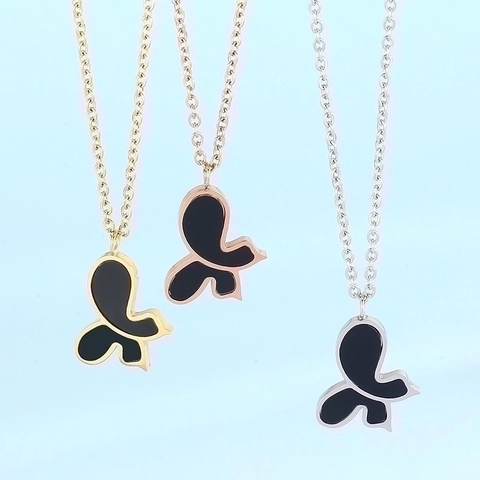 Collar Con Colgante De Mariposa Acero Inoxidable Esmalte Negro Joyería Asimétrica Para Mujer Elegante Estilo Ins
