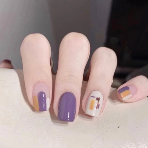 Unghie Finte Press On Graffiti Viola Astratto Geometrico Quadrato Copertura Totale Rimovibili Acrilico Manicure
