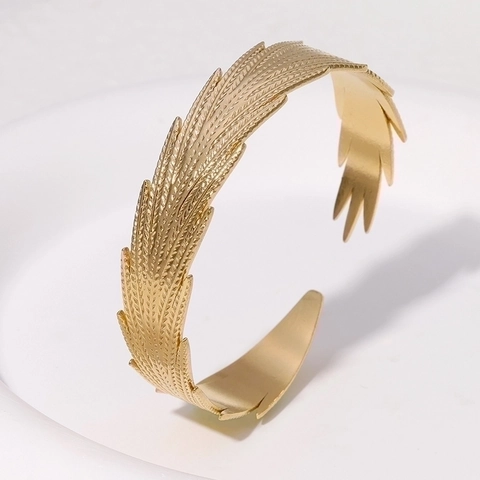 Feder Offene Armreif Armband Edelstahl Texturiertes Blatt Verstellbare Manschette Minimalistischer Schmuck Für Frauen
