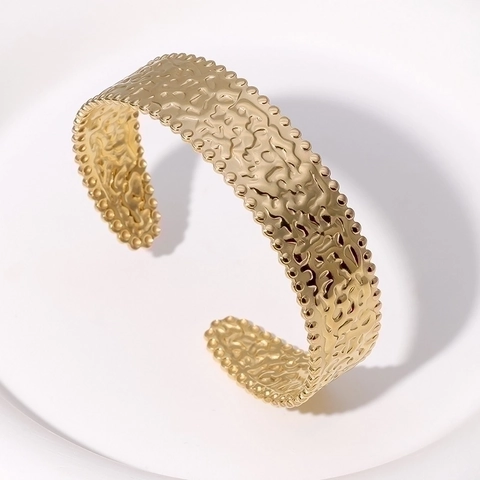 Brazalete Abierto De Acero Inoxidable Martillado Vintage Con Borde De Cuentas Joyería Minimalista Chapada En Oro Mujer