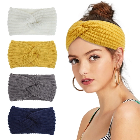 Women Knitted Headband Acrylic Crossover Twist Winter Warm Elastic Hair Band Solid Color Fashion Sport Headwrap