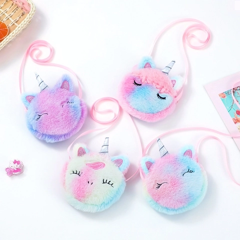 Schattige Eenhoorn Pluche Schoudertas Voor Kinderen Meisjes Mini Ronde Cartoon Dier Schoudertas Gradiënt Zachte Pluche Portemonnee