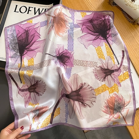 Elegant Pure Mulberry Satin Square Scarf Women Vintage Floral Lace Print Soft Smooth Neck Head Wrap Neckerchief Accessory