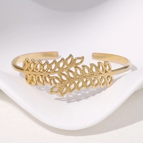 Brazalete Abierto De Hoja Hueca Acero Inoxidable Ajustable Inspirado En La Naturaleza Joyas De Moda Para Mujeres