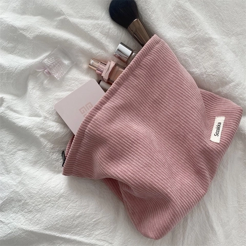 Makeup Bag Corduroy Large Capacity Cosmetic Storage Pouch Zipper Clutch Handbag Portable Travel Organizer For Women
