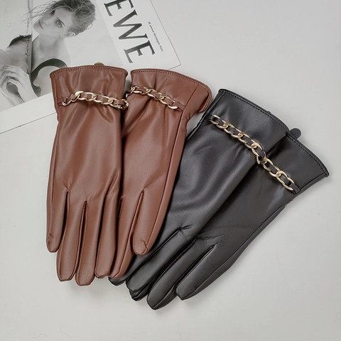 Gants En Cuir PU Pour Femmes Décoration De Chaîne En Métal Doré Doublure Chaude Mode D'Hiver Élégant Simili Cuir