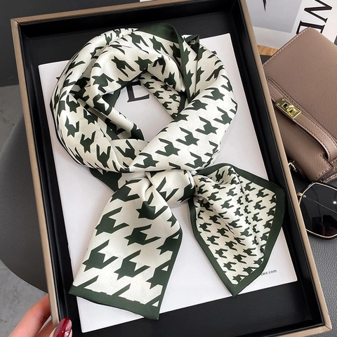 Στενό Φουλάρι Με Μοτίβο Houndstooth Σατέν Υφή Μεταξιού Γραβάτα Κορδέλα Μαλλιών Αξεσουάρ Τσάντας Κομψό
