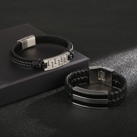 Bracelet Homme Cuir De Vachette Tressé Multi-Rangs Acier Inoxydable Fermoir Magnétique Motif Grec Bijoux Mode Vintage