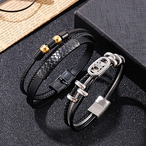Pulsera De Cuero Trenzado Multicapa Para Hombre Con Cierre Magnético De Acero Inoxidable Joyería Vintage Punk