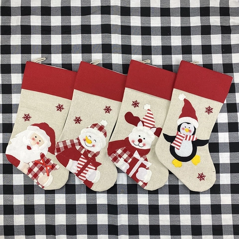 Calze Di Natale Tessuto Lino Applicazione Babbo Natale Pupazzo Di Neve Renna Pinguino Decorazioni Appese Grandi Sacchetti Regalo