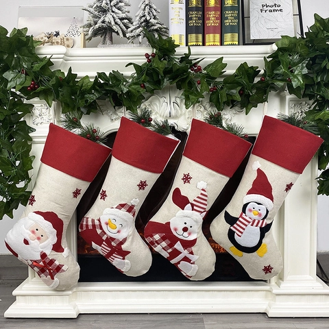 Calze Di Natale Tessuto Lino Applicazione Babbo Natale Pupazzo Di Neve Renna Pinguino Decorazioni Appese Grandi Sacchetti Regalo