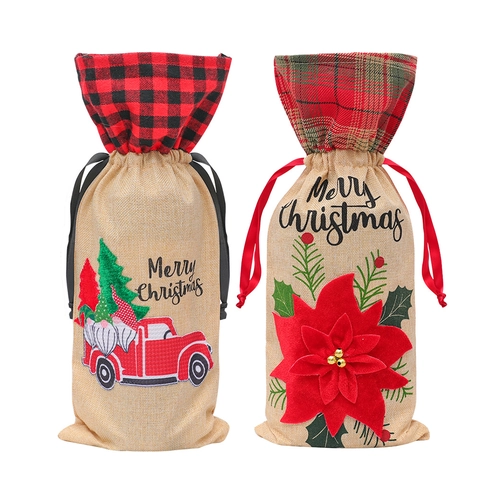 Christmas Wine Bottle Cover Burlap Drawstring Bag Holiday Dinner Party Decoration Plaid Poinsettia Red Truck Design