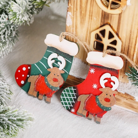 Ciondolo Vintage in Legno Calza di Natale Renna Decorazione per Albero di Natale Legno Dipinto Rosso Verde Addobbo Festivo