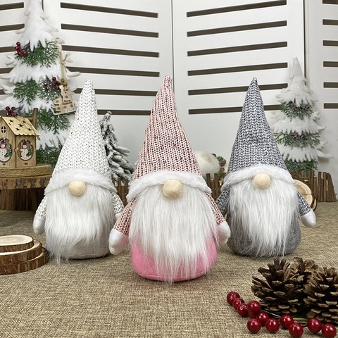 Christmas Gnome Plush Doll Sequin Knitted Hat Faceless Nordic Style Home Desktop Decor Handmade White Faux Fur Beard