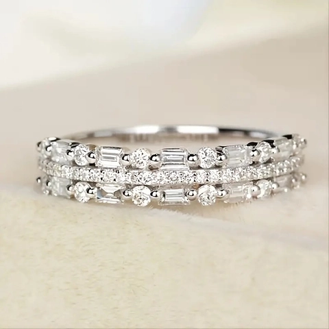 Elegant Multi Row Zirconia Copper Ring Baguette Round Cut Shiny Geometric Jewelry For Women Party Accessory