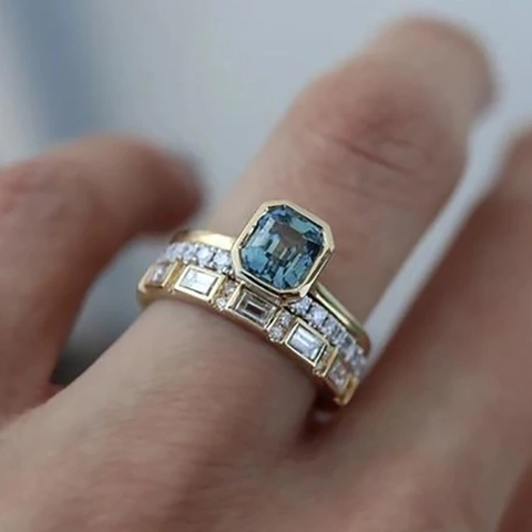 Smaragdschliff Blau Zirkon Kupfer Ringe Stapelbar Vergoldet Finger Schmuck Für Frauen Elegant