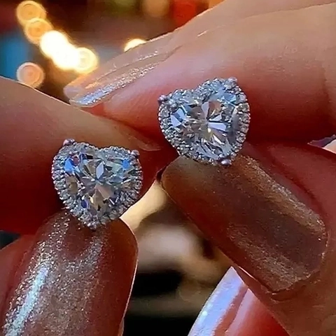 Copper Zircon Heart Stud Earrings Halo Sparkling Clear Stone Minimalist Sweet Jewelry For Women