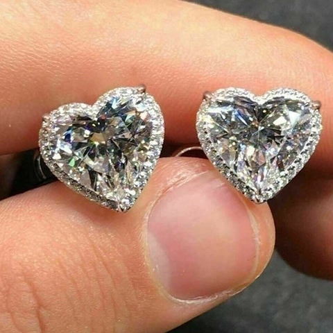 Copper Zircon Heart Stud Earrings Halo Sparkling Clear Stone Minimalist Sweet Jewelry For Women
