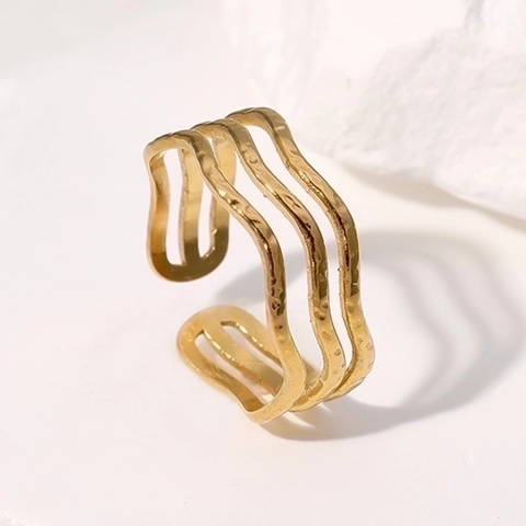 Hammered Stainless Steel Ring 18K Gold Plated Triple Layer Wave Geometric Adjustable Open Band Minimalist Jewelry For Women