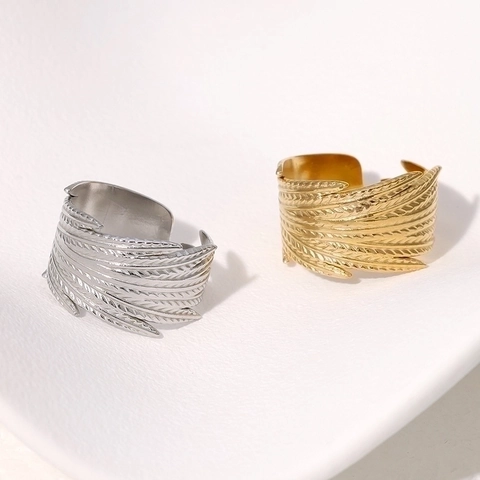 Feather Pattern Adjustable Open Ring Stainless Steel Vintage Retro Niche Style Jewelry For Men Women