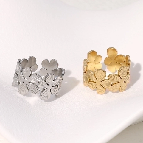 Stainless Steel Flower Rings For Women 18K Gold Plated Adjustable Open Ring Vintage Floral Design Chic Finger Jewelry