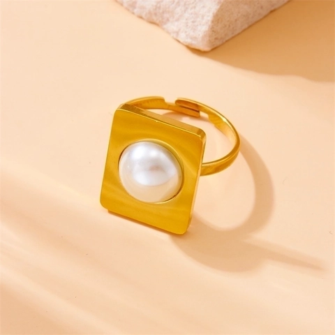 Roestvrijstalen Kunstparel Ketting Oorbellen Ring Verguld Geometrisch Vierkant Voor Vrouwen Retro Mode Sieraden