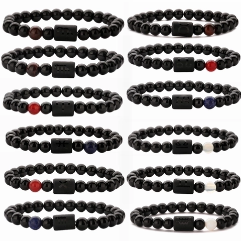 Pulsera De Cuentas De Signos Del Zodiaco Piedra Natural Ojo De Tigre Agata Cuentas Negras Mates Joyeria Elastica Hombre Mujer