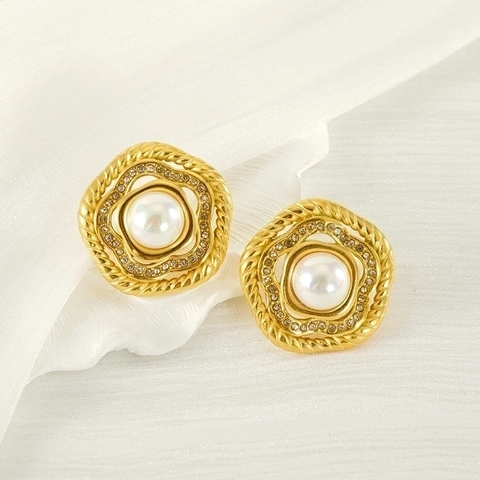 Vintage Geometrische Blütenblatt Ohrstecker Für Damen Mit Künstliche Perle Und Strass 18K Vergoldeter Edelstahl Modeschmuck