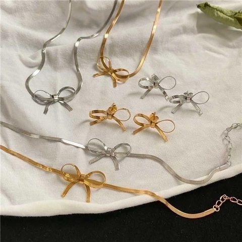 Gioielli Con Fiocco In Acciaio Inossidabile Collana Bracciale Orecchini Per Donna Elegante Pendente Con Fiocco