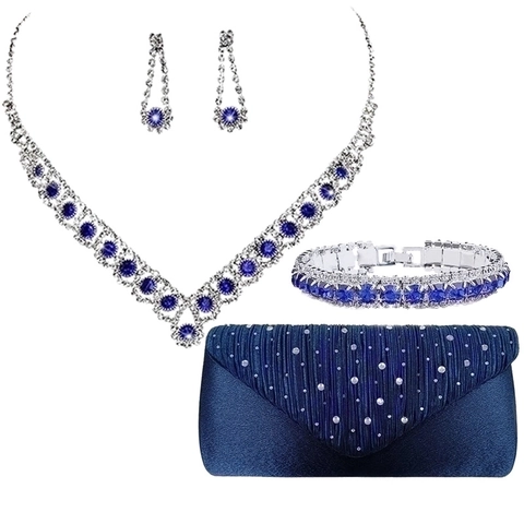Elegant Evening Clutch Bag Rhinestone Alloy V-Shaped Necklace Dangle Earrings Bracelet Wedding Bridal Party Luxury