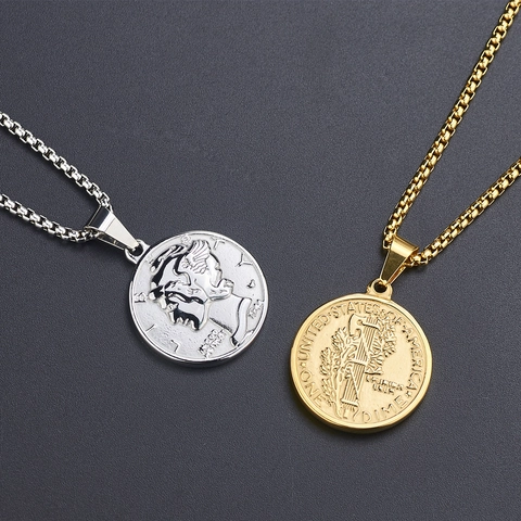 Titanium Steel Coin Necklace Vintage Relief Liberty Portrait Pendant Link Chain Retro Jewelry For Men Women Daily Wear