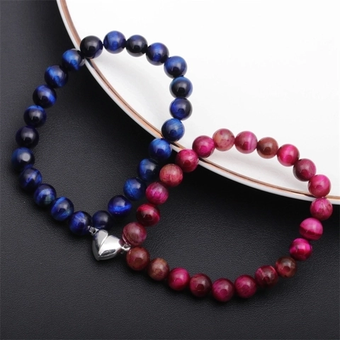 Bracciali Coppia Attrazione Magnetica Cuore Pietra Occhio Di Tigre Naturale Perle Di Lava Gioielli Regalo Amanti