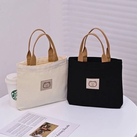 Borsa A Mano In Tela Piccola Borsa Tote Portatile Grande Capacità Pranzo Ricamo Cartone Animato Casual Per Donne