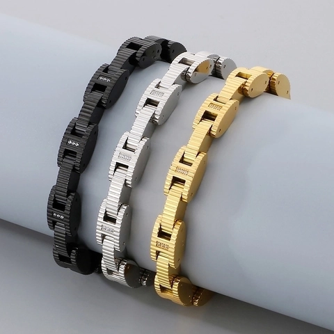 Bracciale Acciaio Inossidabile Strass Stile Orologio Ingranaggio Meccanico Trama Righe Gioielli Unisex Accessorio