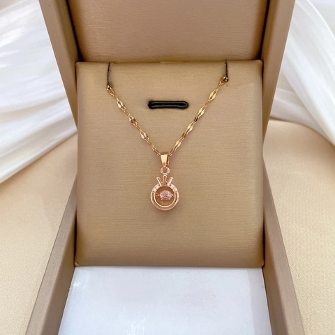 Rose Gold Crown Sparkling Zircon Necklace Titanium Steel Chain Elegant Dancing Stone Clavicle Jewelry For Women