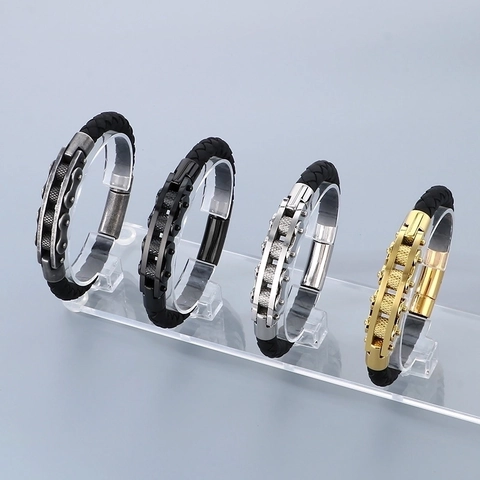 Men Braided Leather Bracelet With Stainless Steel Bicycle Chain Watch Band Style Mechanical Industrial Punk Jewelry