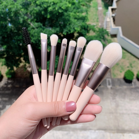 Pennelli Da Trucco Mini Portatili Setole Fibra Sintetica Manico Legno Tubo Alluminio Astuccio Pelle PU Bellezza