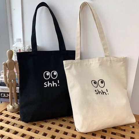 Bolso Tote De Lona Cierre De Cremallera Bolsillo Interior Gran Capacidad Estampado Ojos Dibujos Animados Casual Mujeres
