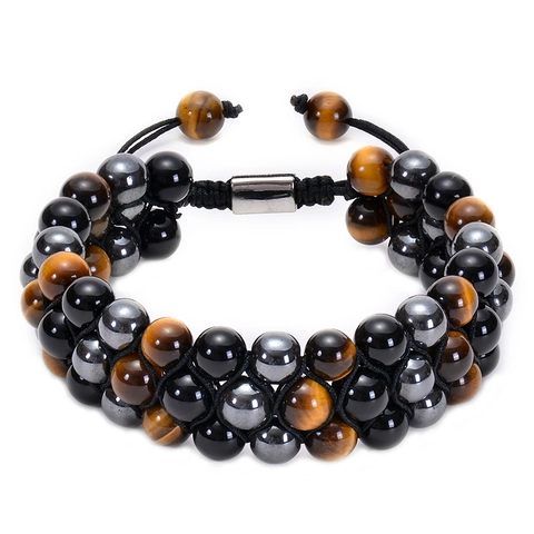 Handgefertigt Dreilagig Geflochten Armband Herren Natürlich Tigerauge Schwarz Achat Hematit Perlen Verstellbar Schmuck