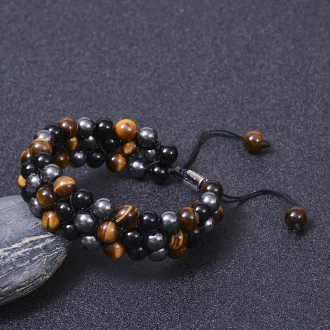 Handgefertigt Dreilagig Geflochten Armband Herren Natürlich Tigerauge Schwarz Achat Hematit Perlen Verstellbar Schmuck
