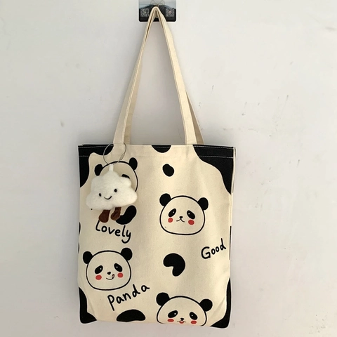 Χαριτωμένη Τσάντα Panda Από Καμβά Μεγάλης Χωρητικότητας Με Φερμουάρ Τσάντα Ώμου Με Λούτρινο Μενταγιόν Καθημερινή