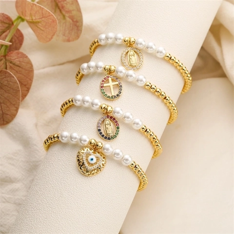 Bracciale Di Perline Rame Placcato Oro Con Künstliche Perle Di Imitazione Religioso Vergine Maria Croce Malocchio Cuore Zircone Moda