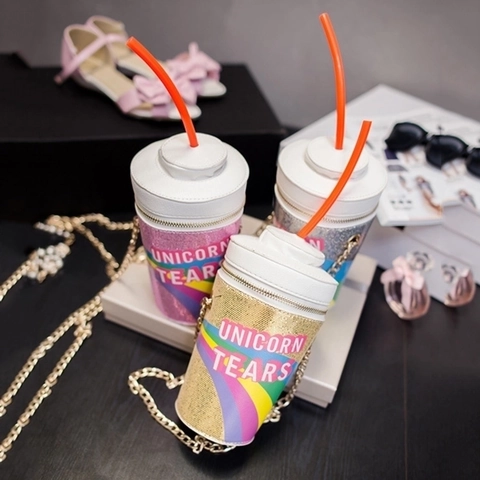 Novelty Drink Cup Shape Crossbody Bag Sequin Unicorn Tears Rainbow Pattern Metal Chain Strap Bucket Purse For Women